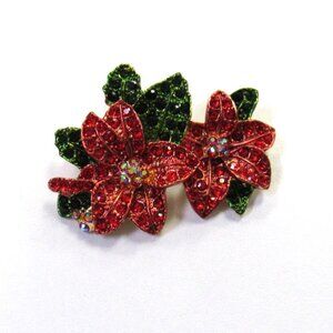 Red Rhinestone Crystal Poinsettia Pin Brooch Christmas Holiday New